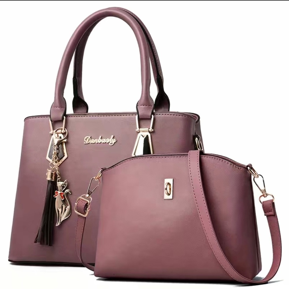 NWT 2 Piece Dark Purple Purse Set W/Detachable Tassel & Cat